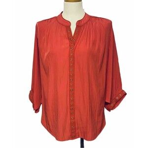 Chico's Women's Orange Batwing Sleeve Flowy Popover Top Size 1 (M) Gold Eyelet
